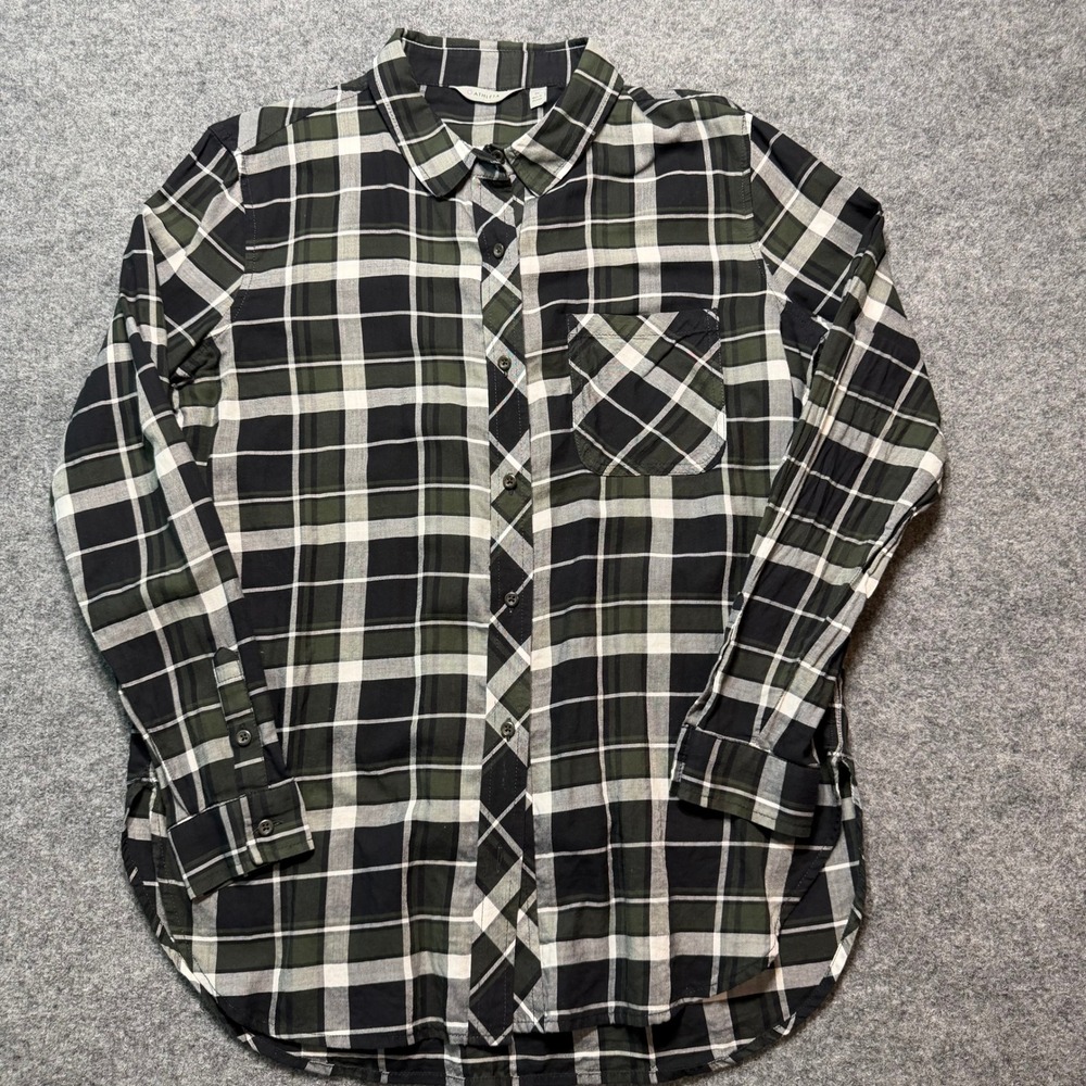 ATHLETA Plaid Button Down Shirt Olive Green Black White Cotton Medium